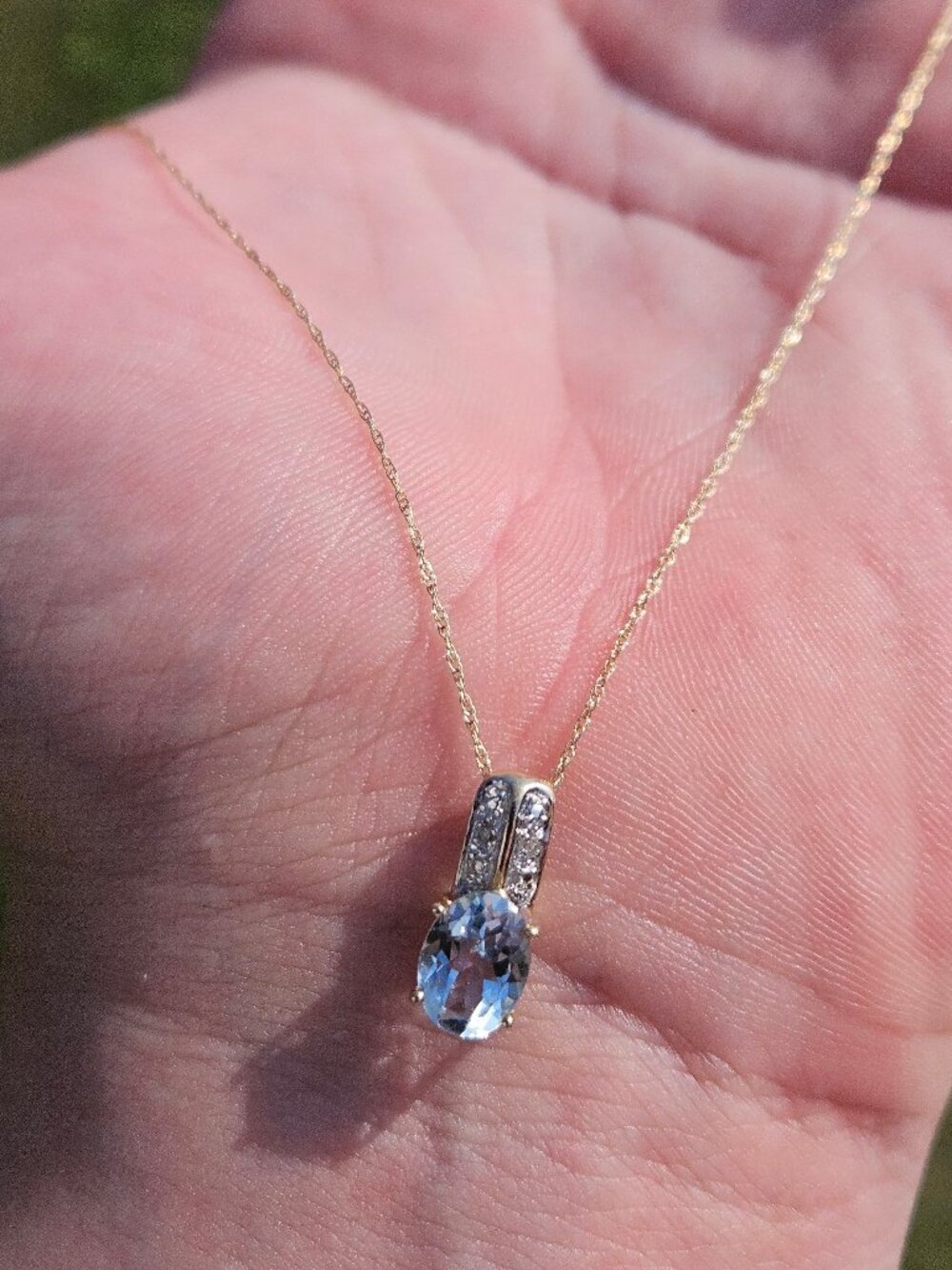 14K Yellow Gold Lab Created Aquamarine Diamond Pendant Charm Chain Necklace 17in